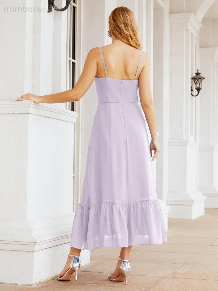 Numbersea Women Strap Chiffon Bridesmaid Dress Ankle Length Sleeveless Blackless Ruffle A Line