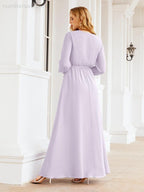 Numbersea Women's Chiffon Bridesmaid Dress A line Long Sleeves Formal Evening Prom Gown for Wedding Guest 28032-numbersea