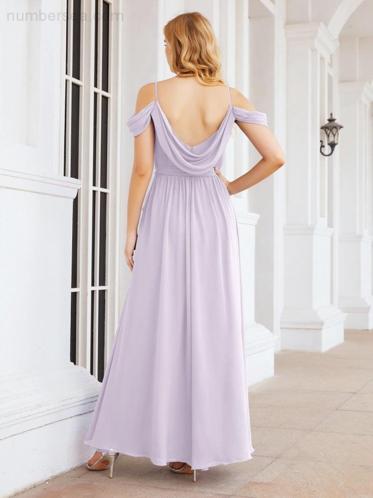 Numbersea Off The Shoulder Chiffon Bridesmaid Dress Long Formal Graduation Gown with Cowl Back 28069-numbersea