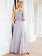 Numbersea Chiffon Ruffled One Shoulder Sleeveless Long Bride Dresses A-line Formal Evening Gown Side Split 28057-numbersea