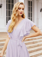 Numbersea Women's Open Back Formal Evening Party Prom Gowns V-Neck Long Chiffon Bridesmaid Dresses with Waist Belt 28038-numbersea