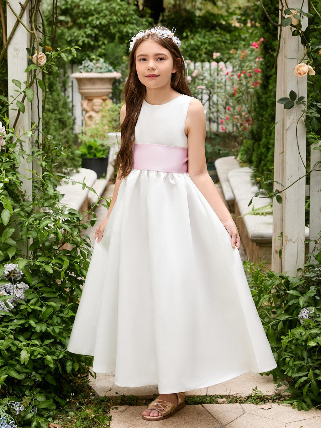 Vestido de fiesta para niña de las flores de satén color marfil con lazo | Vestido de tul hasta los tobillos (010007314) 