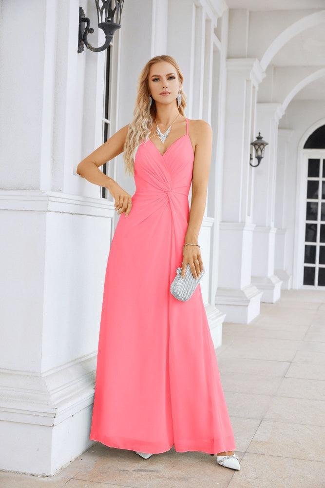 Ladies Chiffon Spaghetti Strap V Neck Front Slit Floor Length Bridesmaid Evening Dress Prom Party Wedding Evening Dress 28116-numbersea