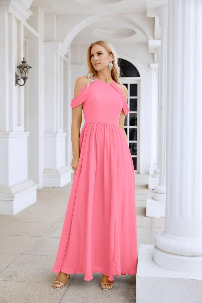 Ladies Chiffon Off Shoulder Swing Sleeve Front Slit Bridesmaid Evening Dress Wedding Party Evening Dress 28117-numbersea