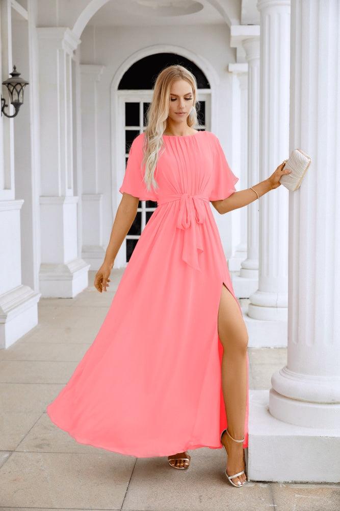 Ladies Chiffon Sleeve Crew Neck Front Slit Floor Length Bridesmaid Evening Dress Wedding Party Evening Dress 28124-numbersea