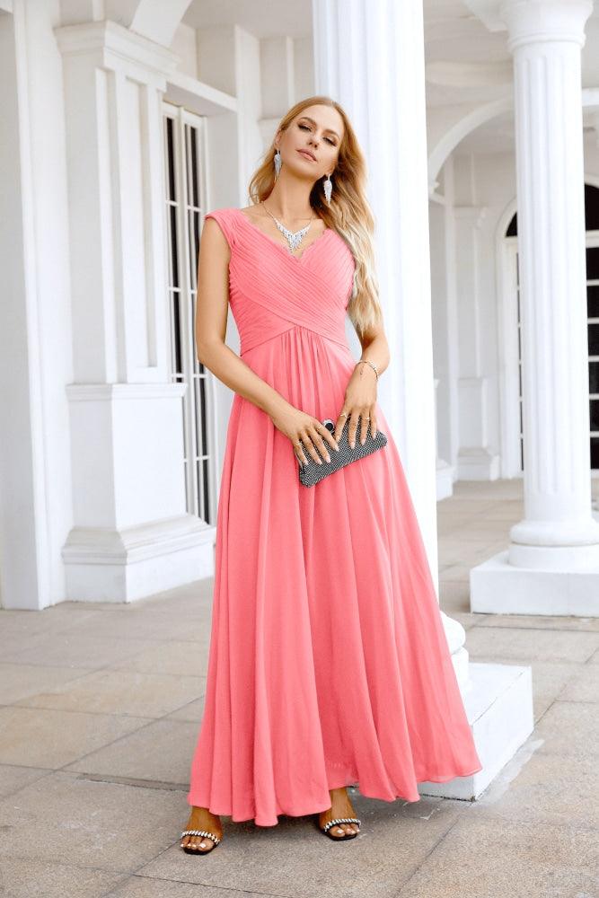 Ladies Chiffon V Neck Sleeveless Floor Length Bridesmaid Evening Dress Wedding Party Evening Dress 28126-numbersea