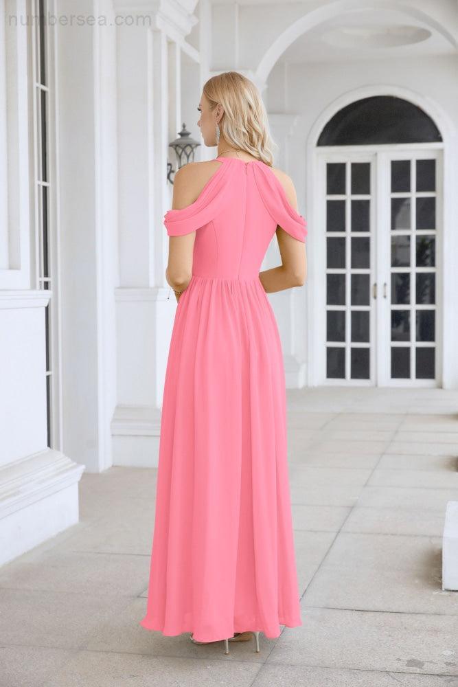 Ladies Chiffon Off Shoulder Swing Sleeve Front Slit Bridesmaid Evening Dress Wedding Party Evening Dress 28117-numbersea