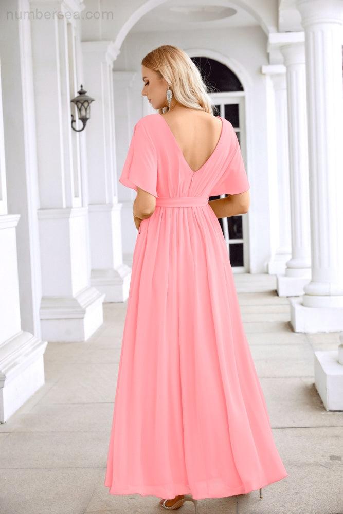 Ladies Chiffon Sleeve Crew Neck Front Slit Floor Length Bridesmaid Evening Dress Wedding Party Evening Dress 28124-numbersea