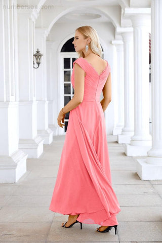 Ladies Chiffon V Neck Sleeveless Floor Length Bridesmaid Evening Dress Wedding Party Evening Dress 28126-numbersea