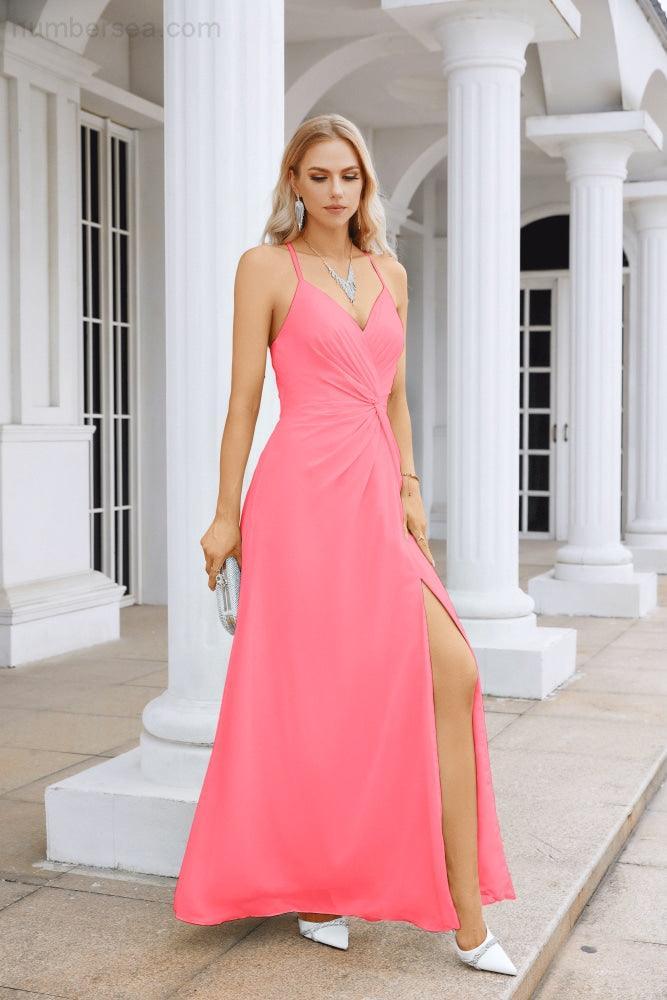 Ladies Chiffon Spaghetti Strap V Neck Front Slit Floor Length Bridesmaid Evening Dress Prom Party Wedding Evening Dress 28116-numbersea