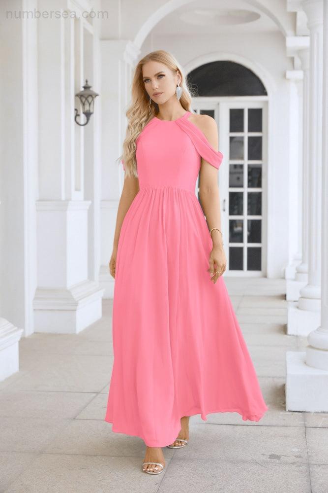 Ladies Chiffon Off Shoulder Swing Sleeve Front Slit Bridesmaid Evening Dress Wedding Party Evening Dress 28117-numbersea
