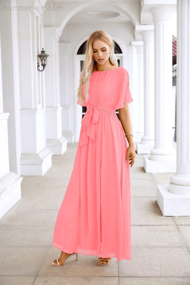 Ladies Chiffon Sleeve Crew Neck Front Slit Floor Length Bridesmaid Evening Dress Wedding Party Evening Dress 28124-numbersea