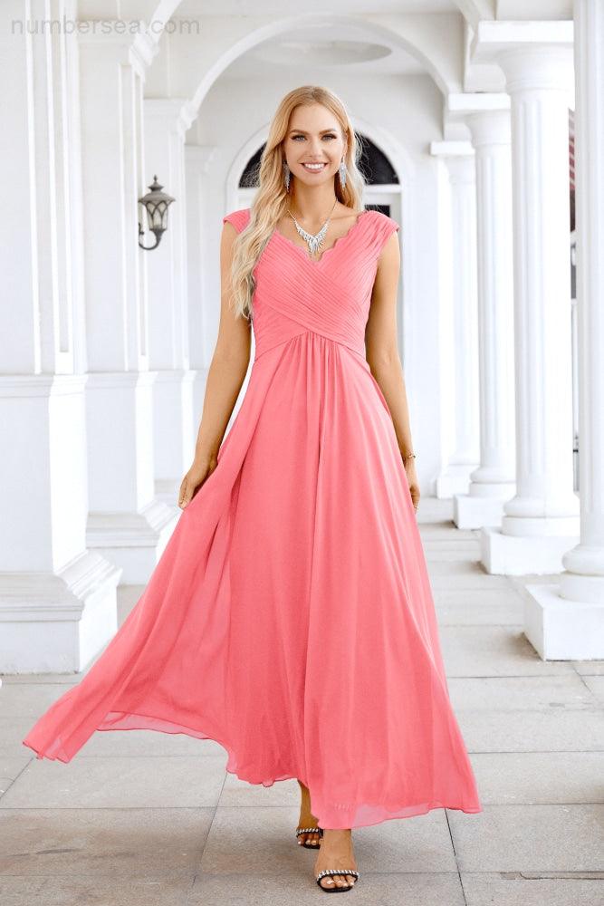 Ladies Chiffon V Neck Sleeveless Floor Length Bridesmaid Evening Dress Wedding Party Evening Dress 28126-numbersea