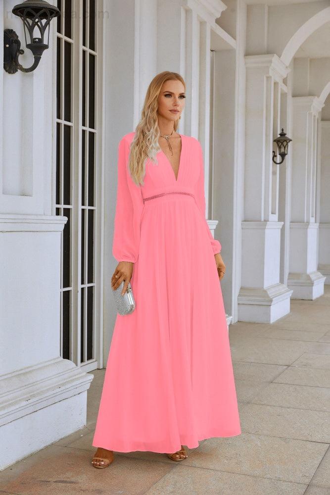 Ladies V Neck Chiffon Long Sleeve Front Slit Bridesmaid Evening Dress Wedding Party Shopping Evening Dress 28109-numbersea