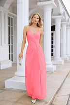 Ladies Chiffon Spaghetti Strap V Neck Front Slit Floor Length Bridesmaid Evening Dress Prom Party Wedding Evening Dress 28116-numbersea