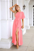 Ladies Chiffon Sleeve Crew Neck Front Slit Floor Length Bridesmaid Evening Dress Wedding Party Evening Dress 28124-numbersea