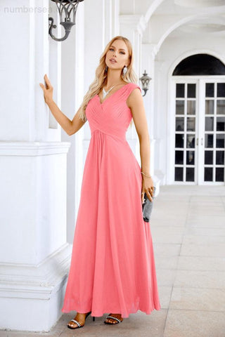 Ladies Chiffon V Neck Sleeveless Floor Length Bridesmaid Evening Dress Wedding Party Evening Dress 28126-numbersea