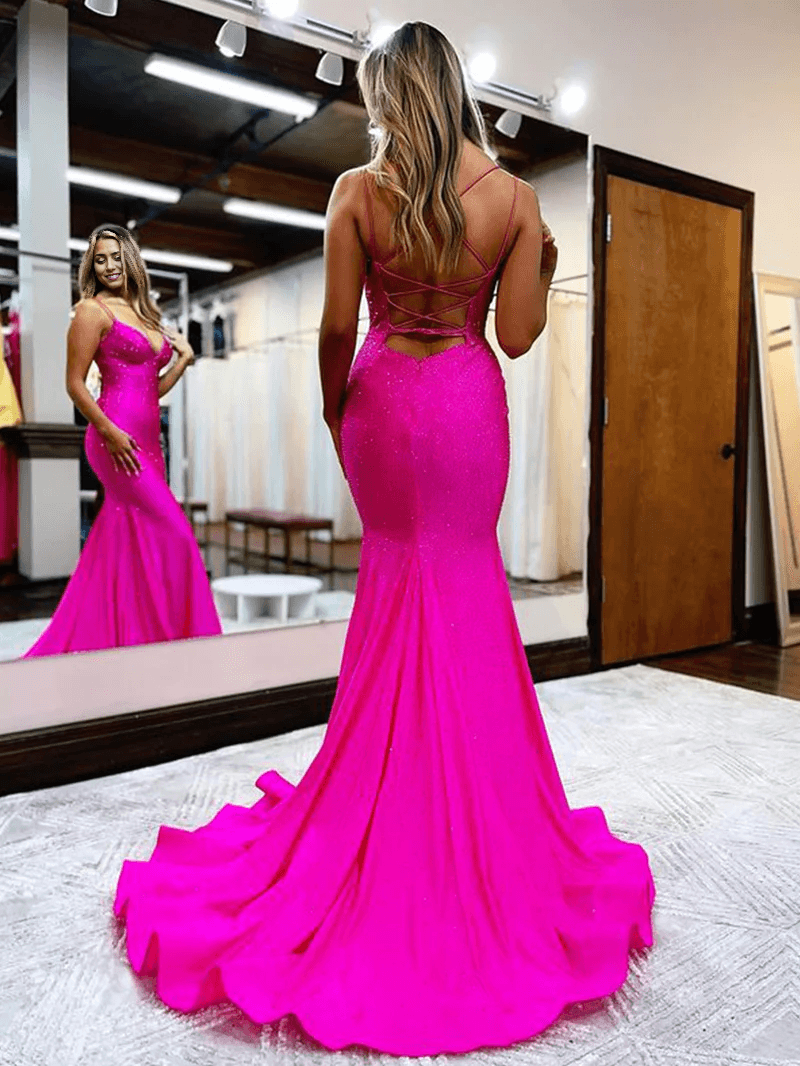 Prom Dress Sparkly Mermaid V Neck Beaded Satin Long