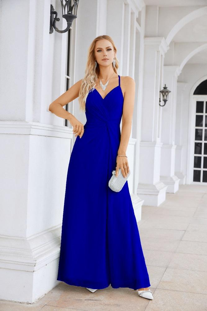 Ladies Chiffon Spaghetti Strap V Neck Front Slit Floor Length Bridesmaid Evening Dress Prom Party Wedding Evening Dress 28116-numbersea