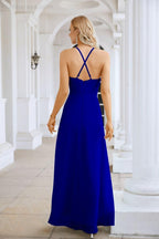 Ladies Chiffon Spaghetti Strap V Neck Front Slit Floor Length Bridesmaid Evening Dress Prom Party Wedding Evening Dress 28116-numbersea