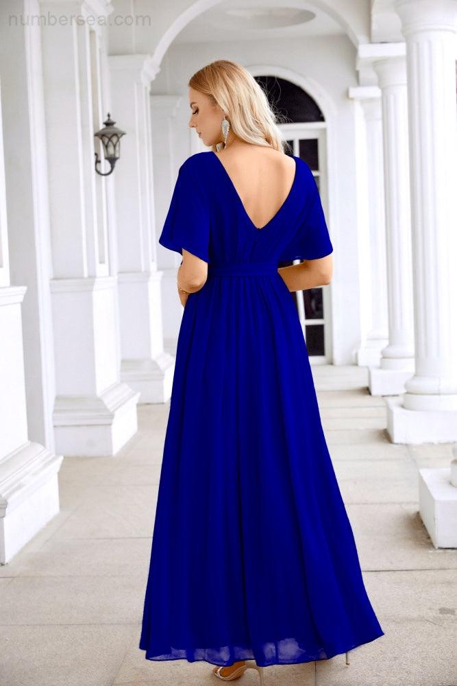 Ladies Chiffon Sleeve Crew Neck Front Slit Floor Length Bridesmaid Evening Dress Wedding Party Evening Dress 28124-numbersea