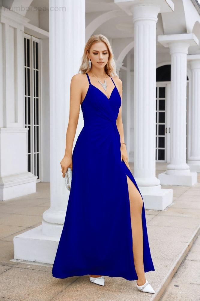 Ladies Chiffon Spaghetti Strap V Neck Front Slit Floor Length Bridesmaid Evening Dress Prom Party Wedding Evening Dress 28116-numbersea