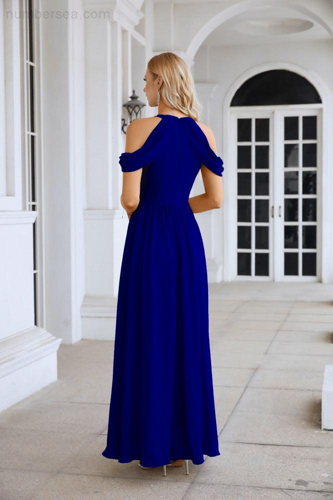 Ladies Chiffon Off Shoulder Swing Sleeve Front Slit Bridesmaid Evening Dress Wedding Party Evening Dress 28117-numbersea