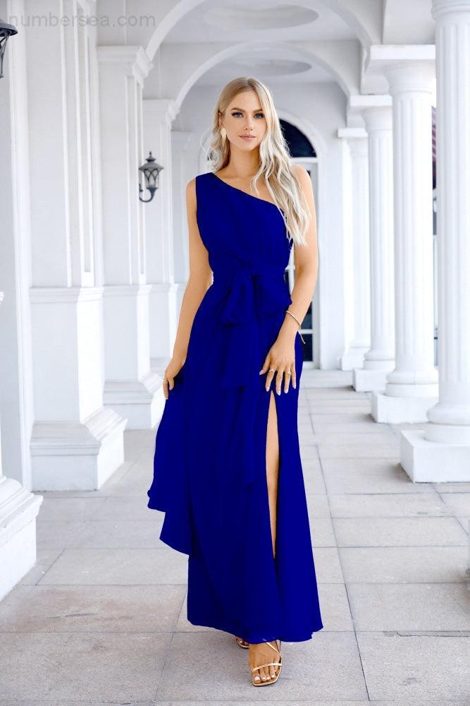 Ladies Chiffon One Shoulder Bridesmaid Evening Dress Wedding Party Evening Dress 28133-numbersea