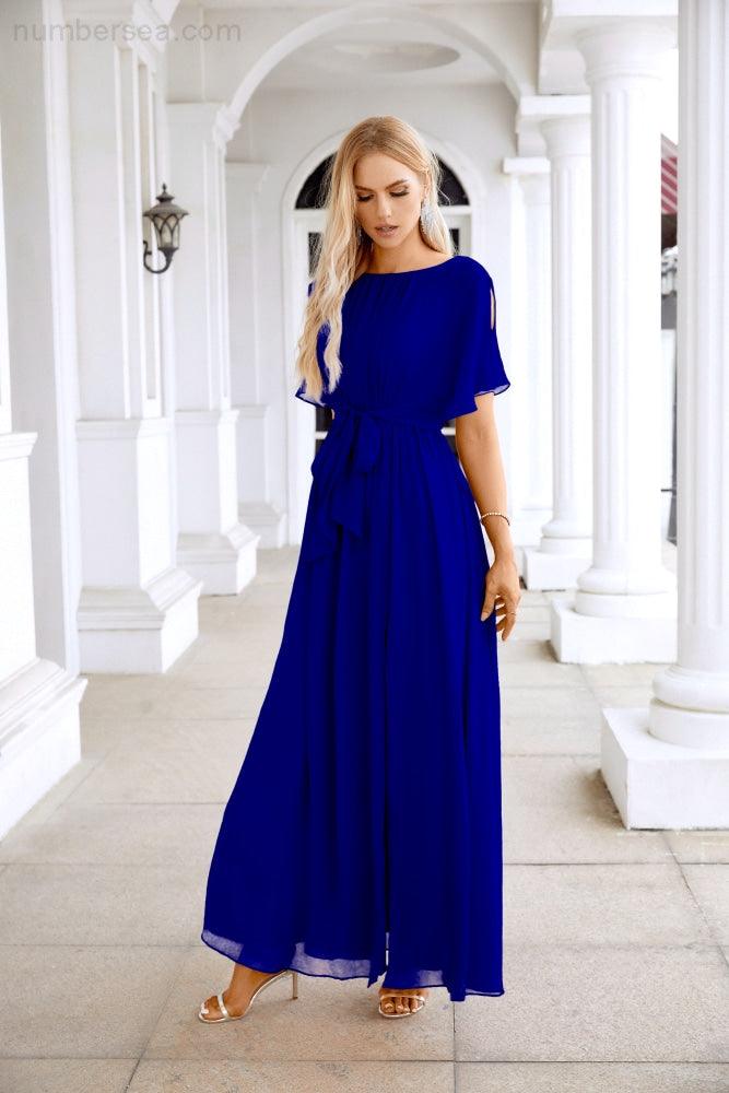 Ladies Chiffon Sleeve Crew Neck Front Slit Floor Length Bridesmaid Evening Dress Wedding Party Evening Dress 28124-numbersea