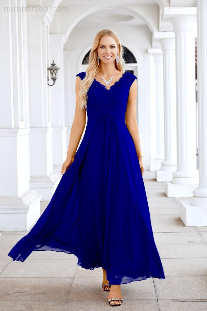 Ladies Chiffon V Neck Sleeveless Floor Length Bridesmaid Evening Dress Wedding Party Evening Dress 28126-numbersea