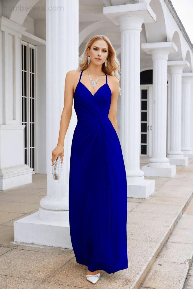 Ladies Chiffon Spaghetti Strap V Neck Front Slit Floor Length Bridesmaid Evening Dress Prom Party Wedding Evening Dress 28116-numbersea