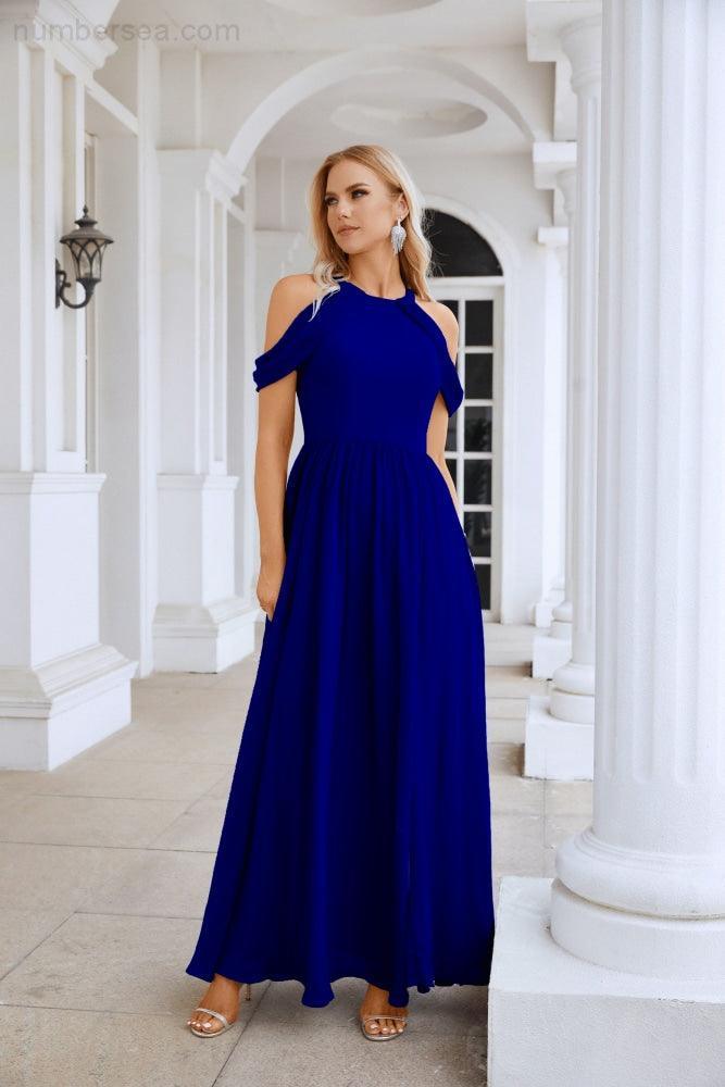 Ladies Chiffon Off Shoulder Swing Sleeve Front Slit Bridesmaid Evening Dress Wedding Party Evening Dress 28117-numbersea