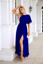 Ladies Chiffon Sleeve Crew Neck Front Slit Floor Length Bridesmaid Evening Dress Wedding Party Evening Dress 28124-numbersea