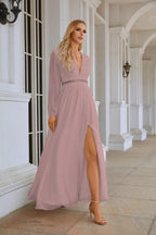 Ladies V Neck Chiffon Long Sleeve Front Slit Bridesmaid Evening Dress Wedding Party Shopping Evening Dress 28109-numbersea