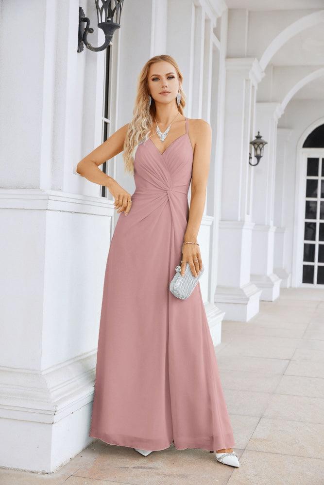 Ladies Chiffon Spaghetti Strap V Neck Front Slit Floor Length Bridesmaid Evening Dress Prom Party Wedding Evening Dress 28116-numbersea