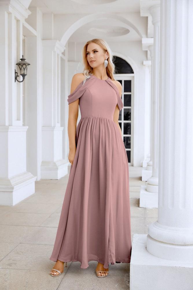 Ladies Chiffon Off Shoulder Swing Sleeve Front Slit Bridesmaid Evening Dress Wedding Party Evening Dress 28117-numbersea
