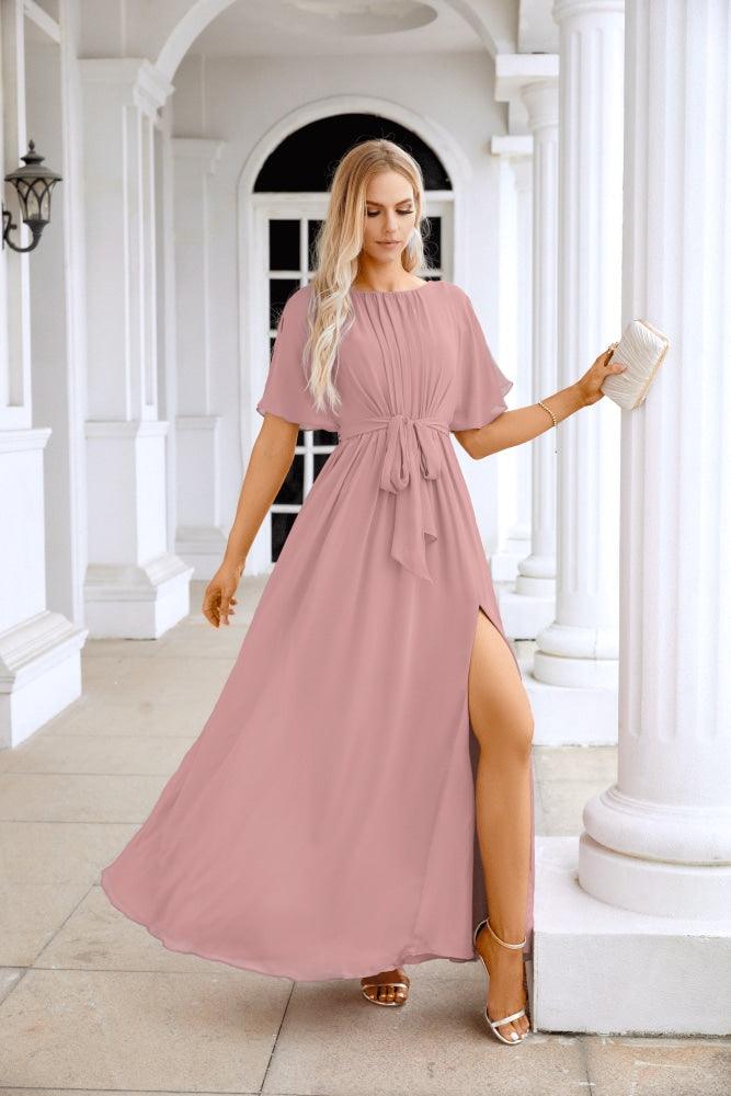 Ladies Chiffon Sleeve Crew Neck Front Slit Floor Length Bridesmaid Evening Dress Wedding Party Evening Dress 28124-numbersea