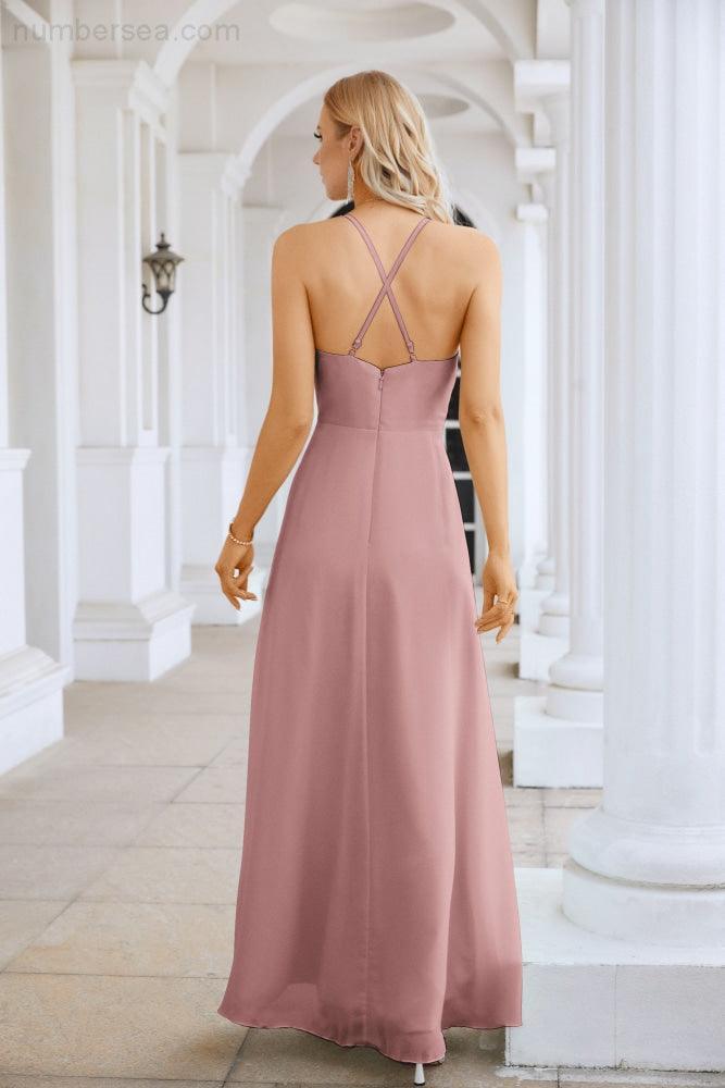 Ladies Chiffon Spaghetti Strap V Neck Front Slit Floor Length Bridesmaid Evening Dress Prom Party Wedding Evening Dress 28116-numbersea