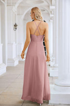 Ladies Chiffon Spaghetti Strap V Neck Front Slit Floor Length Bridesmaid Evening Dress Prom Party Wedding Evening Dress 28116-numbersea
