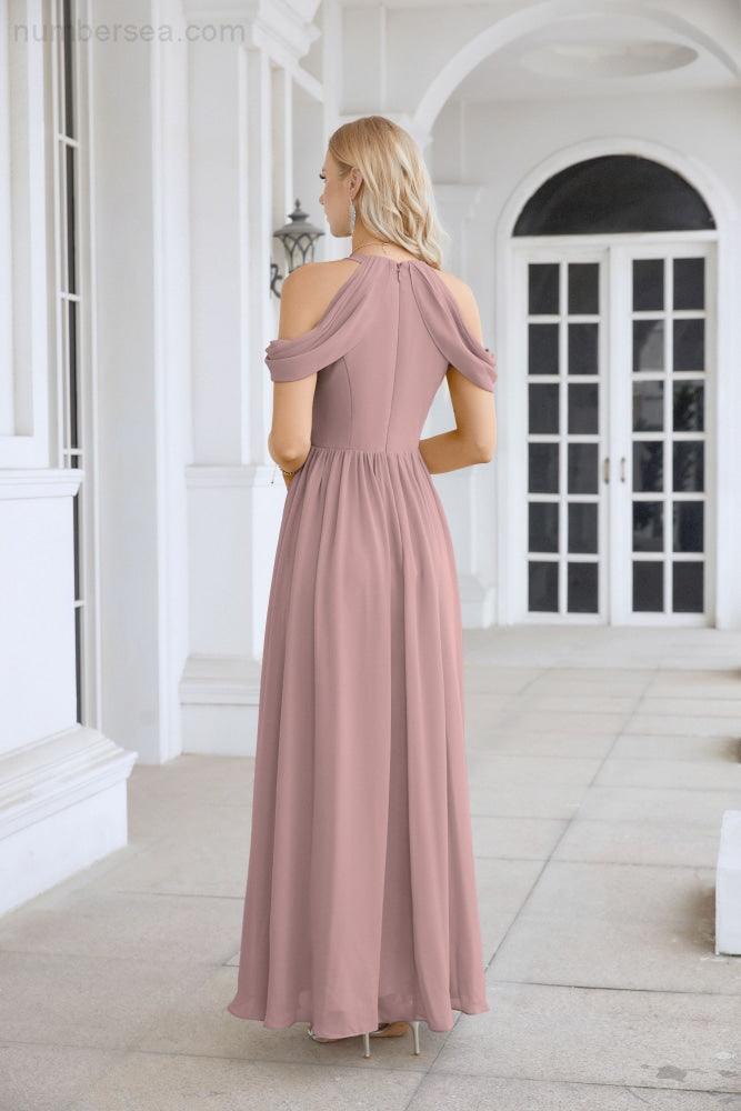 Ladies Chiffon Off Shoulder Swing Sleeve Front Slit Bridesmaid Evening Dress Wedding Party Evening Dress 28117-numbersea