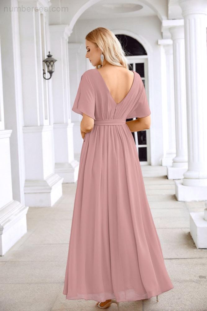 Ladies Chiffon Sleeve Crew Neck Front Slit Floor Length Bridesmaid Evening Dress Wedding Party Evening Dress 28124-numbersea
