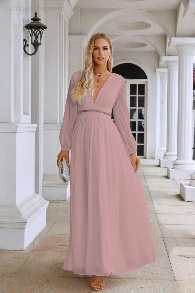 Ladies V Neck Chiffon Long Sleeve Front Slit Bridesmaid Evening Dress Wedding Party Shopping Evening Dress 28109-numbersea
