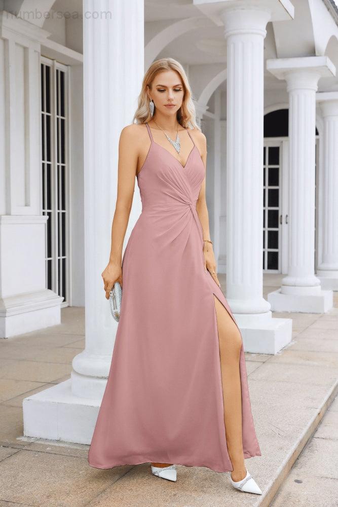 Ladies Chiffon Spaghetti Strap V Neck Front Slit Floor Length Bridesmaid Evening Dress Prom Party Wedding Evening Dress 28116-numbersea