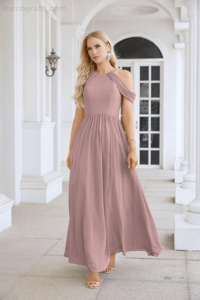 Ladies Chiffon Off Shoulder Swing Sleeve Front Slit Bridesmaid Evening Dress Wedding Party Evening Dress 28117-numbersea