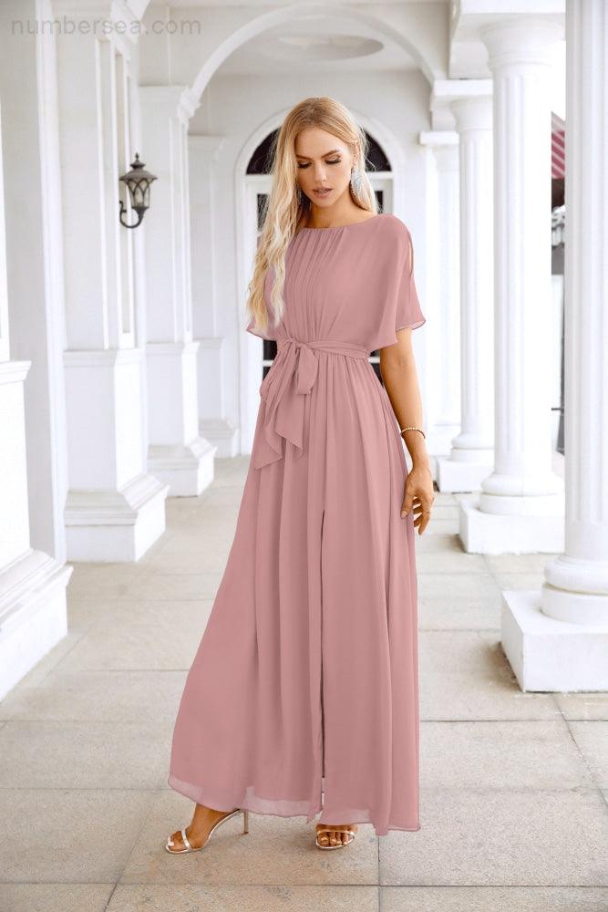 Ladies Chiffon Sleeve Crew Neck Front Slit Floor Length Bridesmaid Evening Dress Wedding Party Evening Dress 28124-numbersea