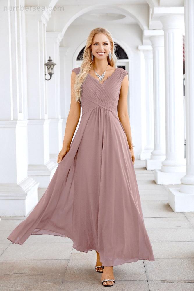 Ladies Chiffon V Neck Sleeveless Floor Length Bridesmaid Evening Dress Wedding Party Evening Dress 28126-numbersea