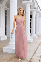 Ladies Chiffon Spaghetti Strap V Neck Front Slit Floor Length Bridesmaid Evening Dress Prom Party Wedding Evening Dress 28116-numbersea
