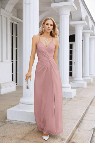Ladies Chiffon Spaghetti Strap V Neck Front Slit Floor Length Bridesmaid Evening Dress Prom Party Wedding Evening Dress 28116-numbersea