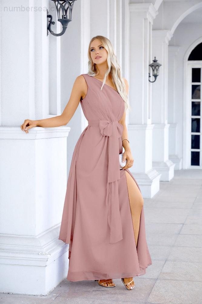 Ladies Chiffon One Shoulder Bridesmaid Evening Dress Wedding Party Evening Dress 28133-numbersea