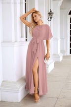 Ladies Chiffon Sleeve Crew Neck Front Slit Floor Length Bridesmaid Evening Dress Wedding Party Evening Dress 28124-numbersea